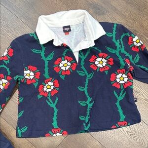 Rowing Blazers -  Navy Sweater with Red Floral Design - Flowers - Size Small